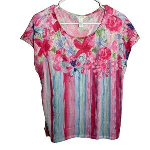 Art & Sol T-Shirt Women's Large Floral Striped Round Neck Colorful Shirt Top